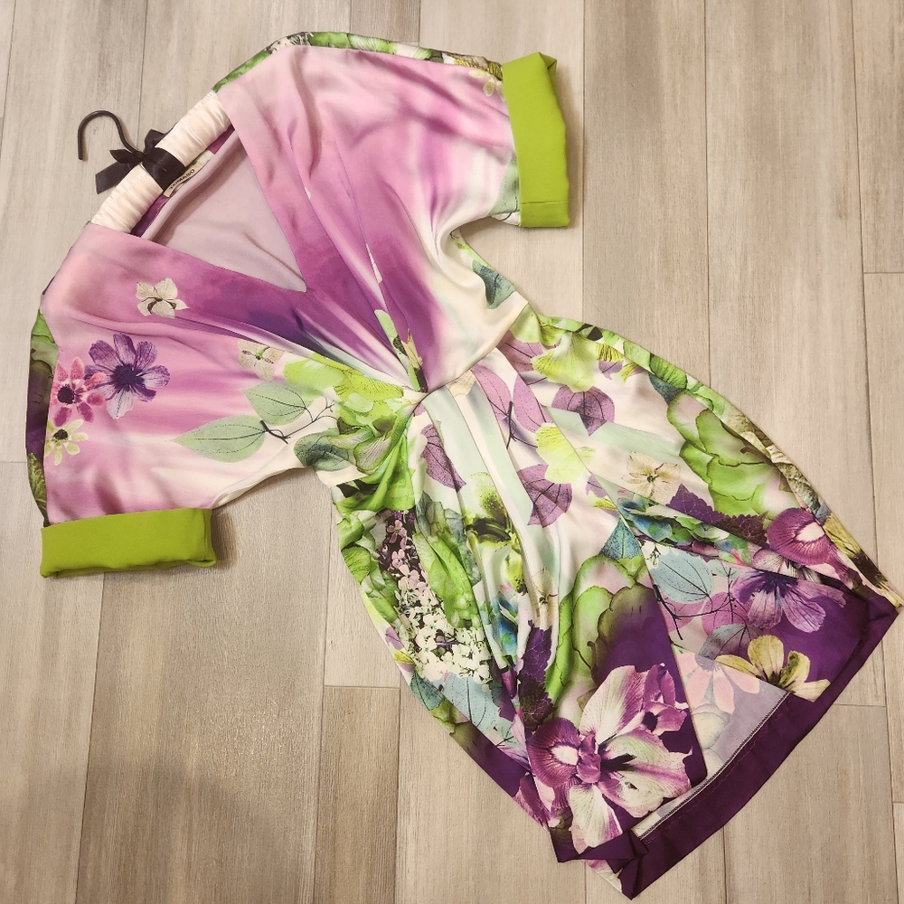 Kimono dress women's 6 floral green purple pink wrap tunic mini Made in Italy - Picture 2 of 13